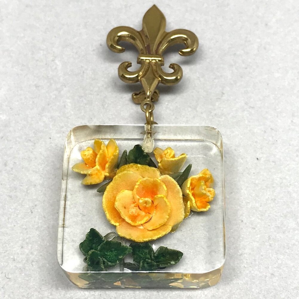 Vintage Handmade Fleur de Lis Pin w/ Reverse Carved Lucite - Yellow Rose of Frie